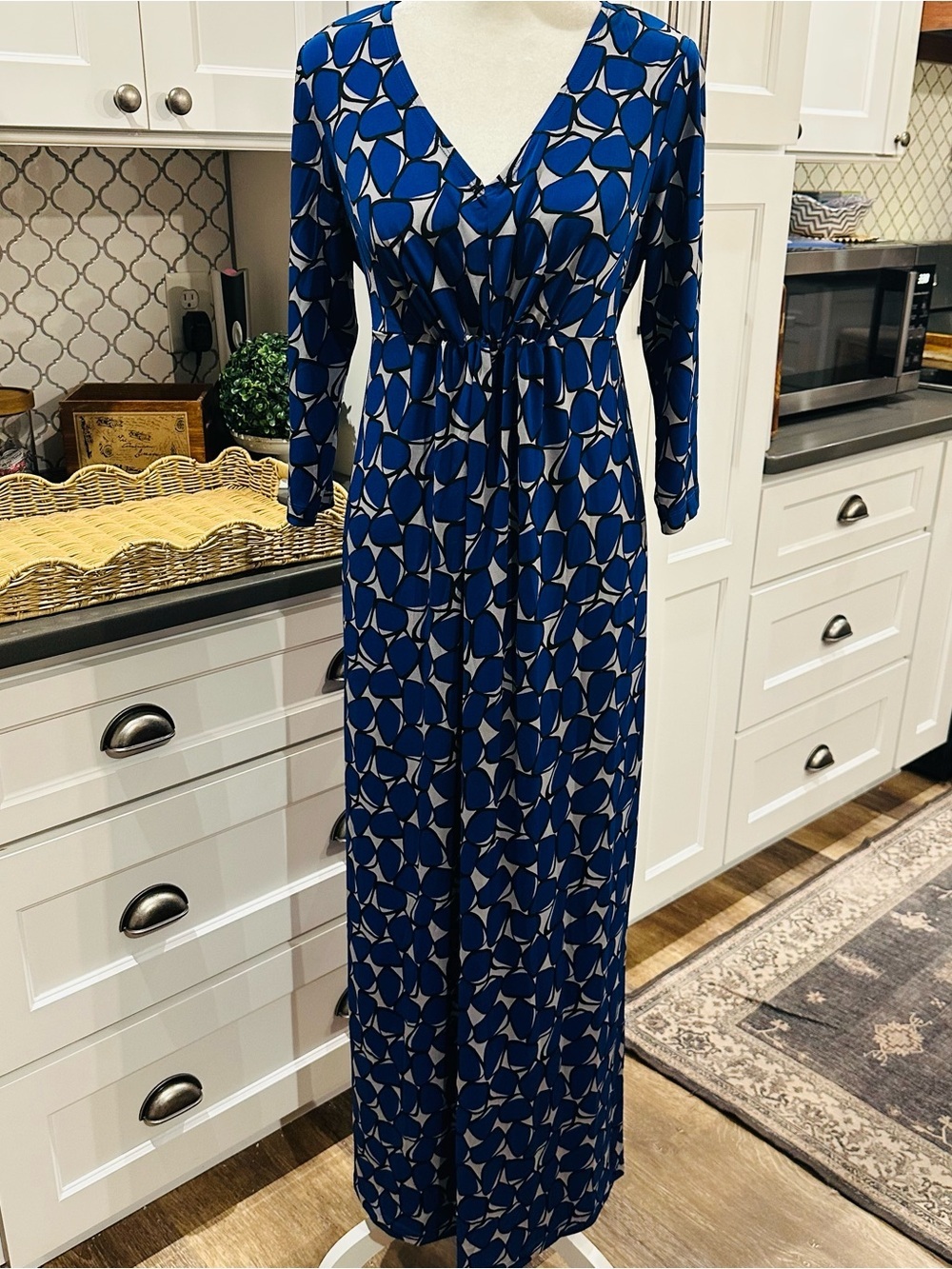 Vintage 90s Y2K Blue Geometric Print Empire Waist Maxi Dress XS Stretch Retro